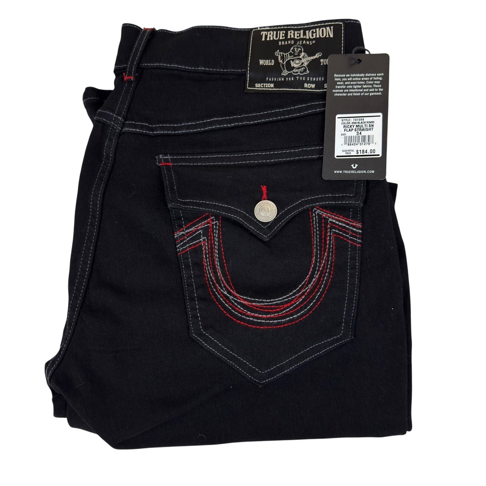 True Religion Ricky Multi SN Flap Straight Jeans Black Mens 34x32 701566 New